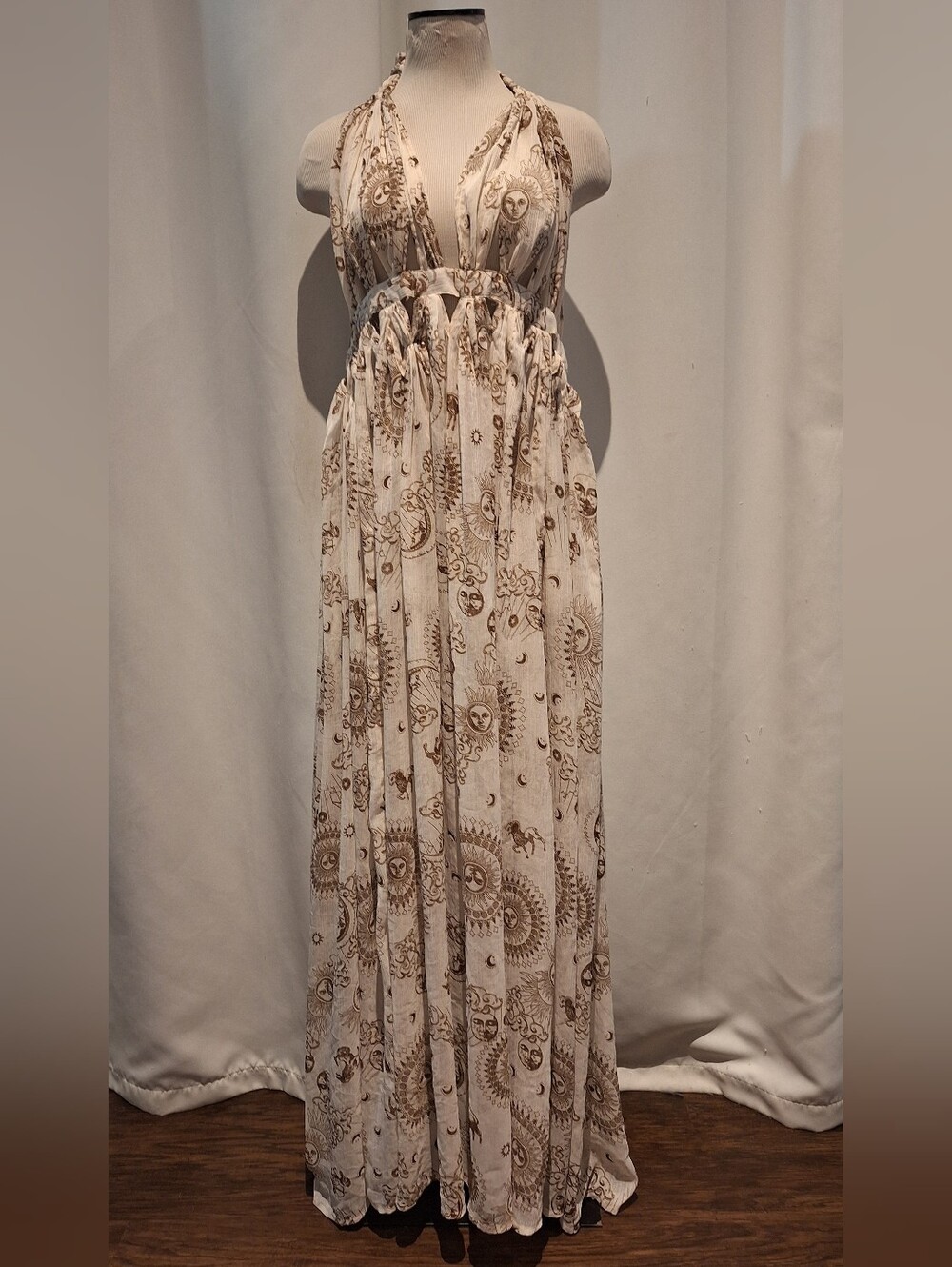 ASOS Bohemian Sheer Celestial Halter Maxi Dress in Ivory and Brown